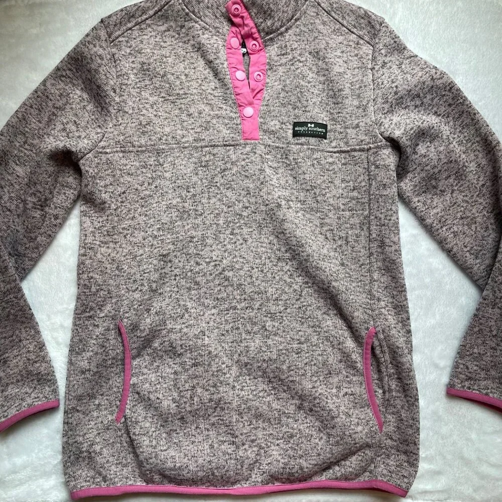 Simply Southern Heathered Gray Pink Pullover Sweatshirt‎ Womens Size Medium Snap